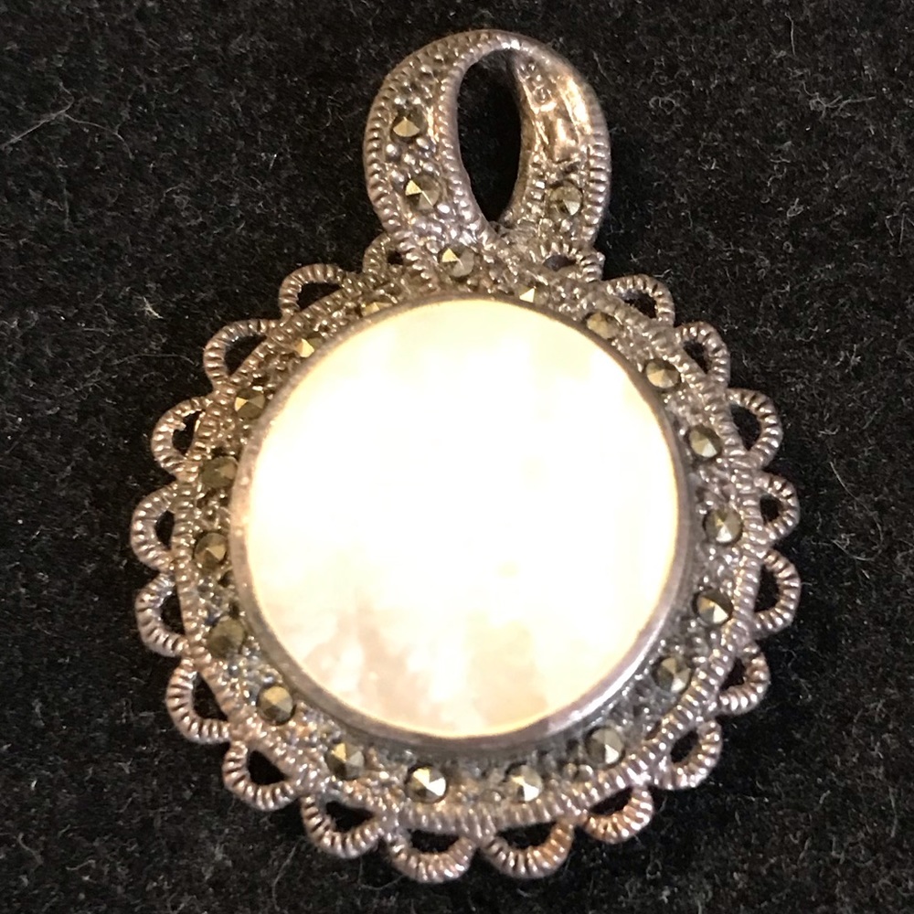 Vintage Reversible Mother of Pearl/Marcasite Pendant, Stamped 925
